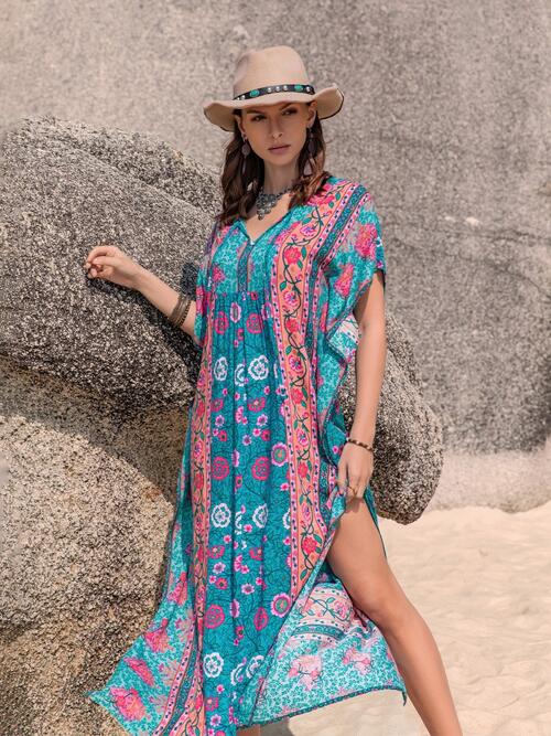 Printed Tie Neck Short Sleeve Dress