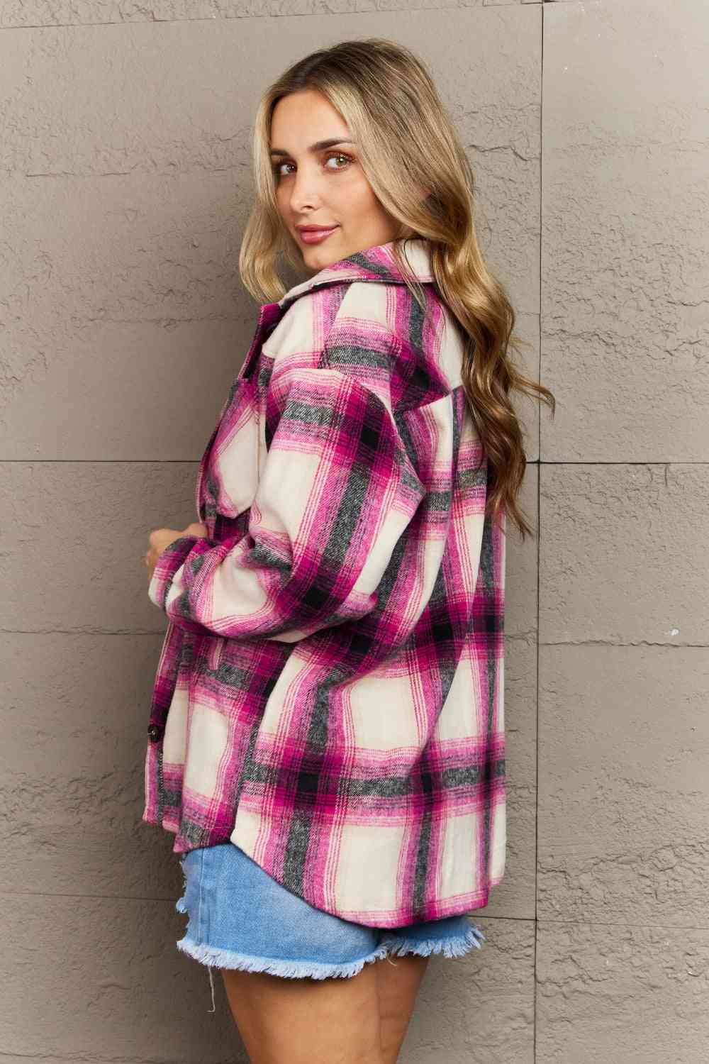 Zenana By The Fireplace Oversized Plaid Shacket in Magenta