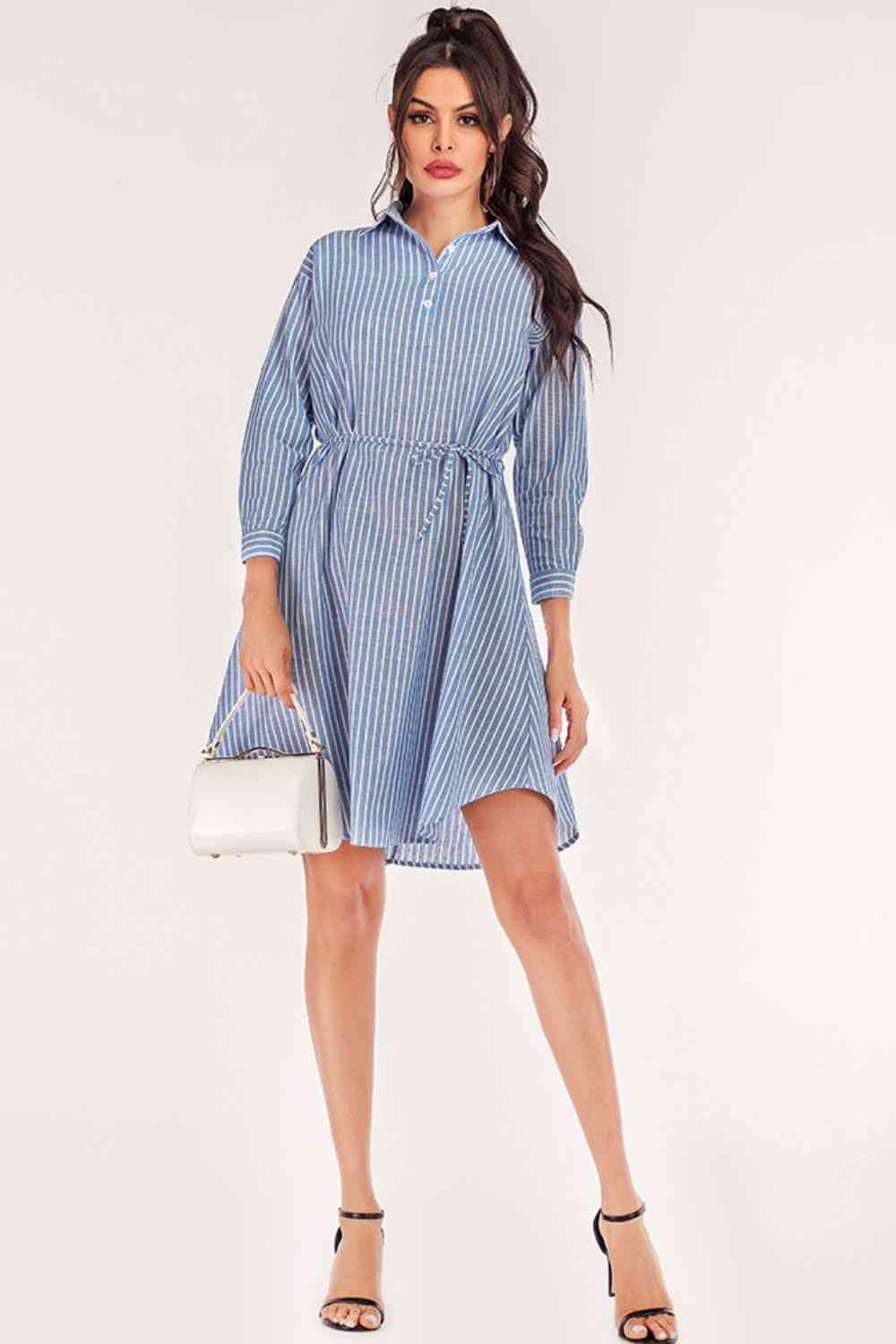 Full Size Striped Quarter-Button Roll-Tab Sleeve Shirt Dress